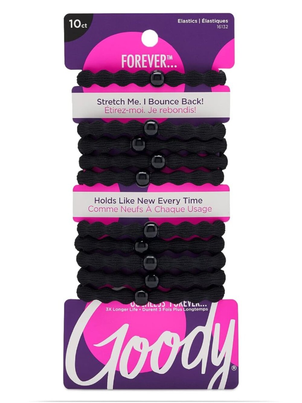 Ouchless Forever Hair Elastics, 10 Ct, Black, Damage-Free Bands, 3X Stronger Ela
